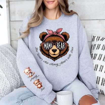 Mama Bear She Wears Her Honey Bears with Love Sweatshirt, Custom Kids Name On Sleeve Mothers Day Gift
