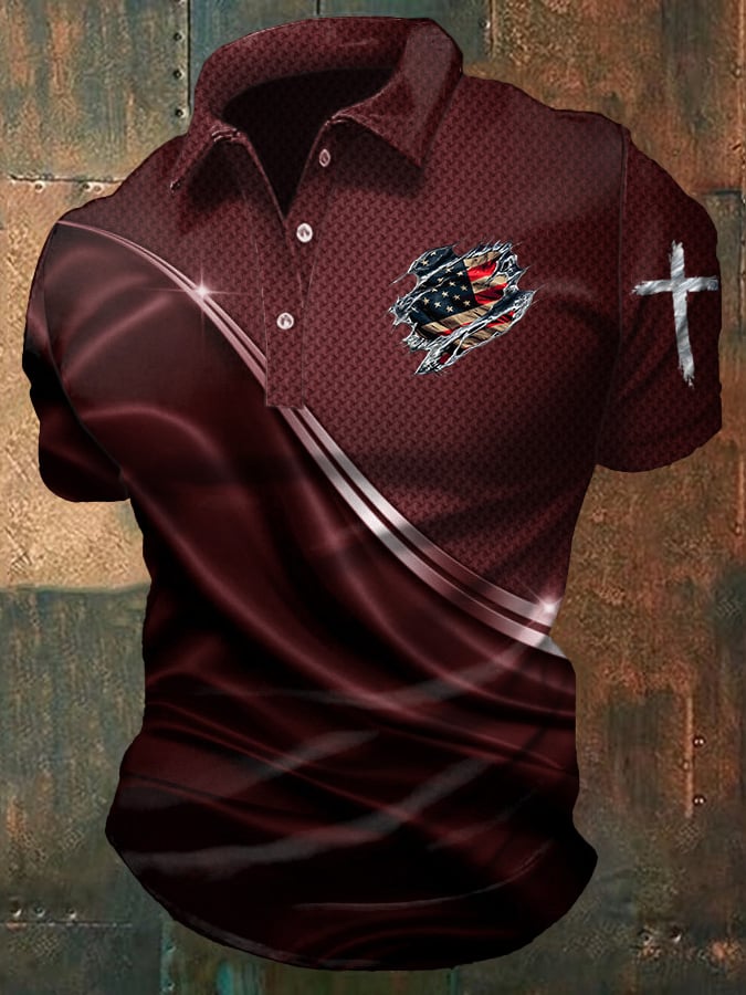 Men's Casual American Flag Cross Graphic Polo Shirt