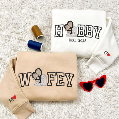 Custom Embroidered Couple Portrait Sweater, Personalised Hubby Wifey Matching Sweatshirt, Gifts for Family