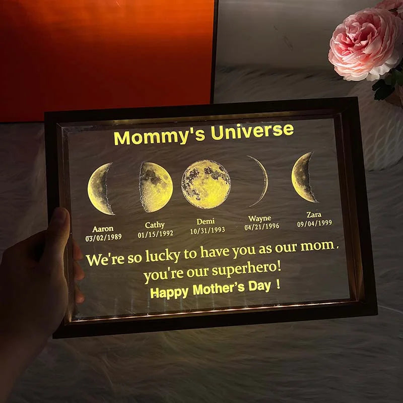 Led Light Frame With Text And Date The Real Moon Phase- Mom's Universe,Gift For MUM
