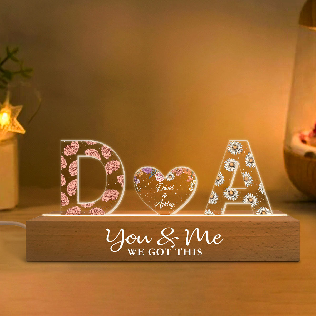 Couple Initials Birth Month Flower Anniversary Gift Personalized Acrylic Block LED Night Light