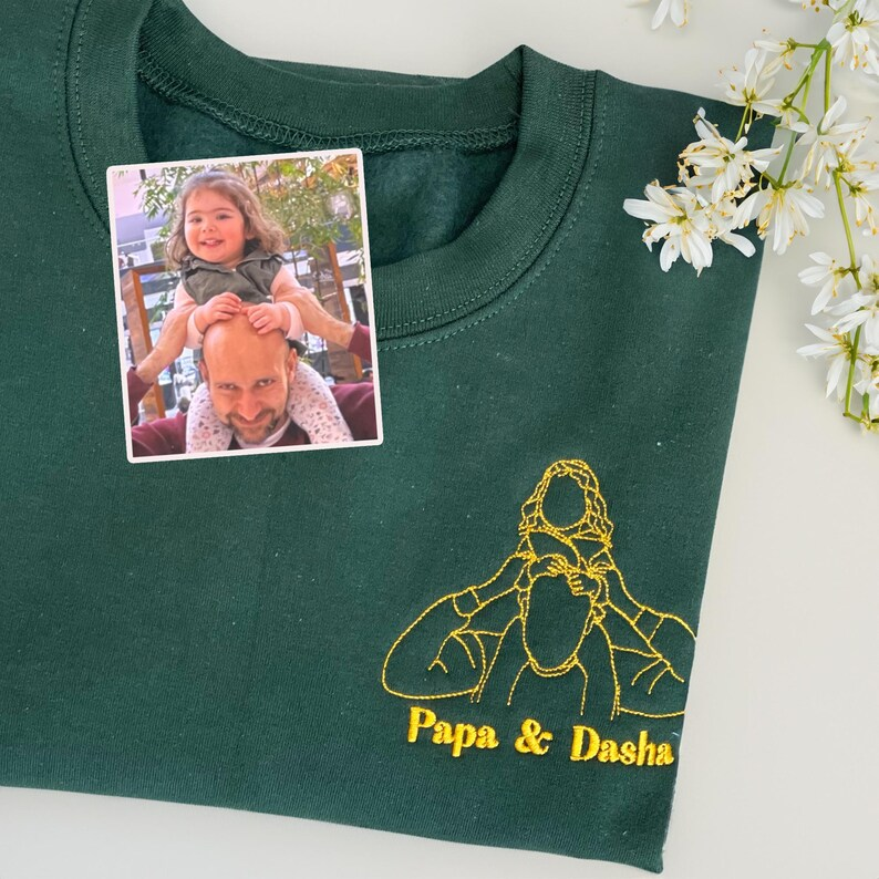 Custom Dad Photo Outline Embroidered Sweatshirt - Personalized Dad and Me Photo Portrait Sweatshirt - Gift for Dad
