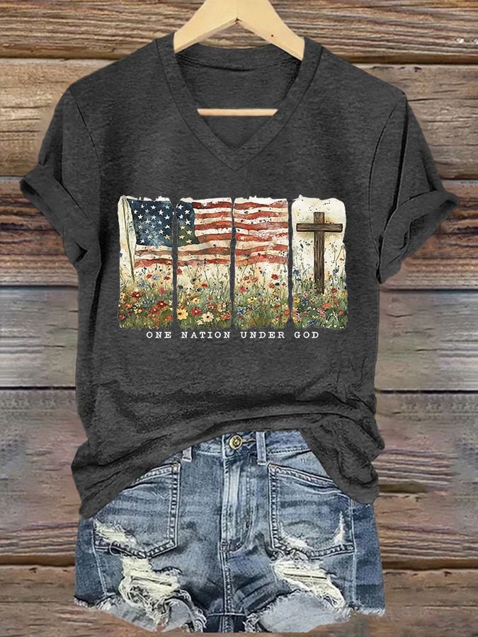 Women'S Casual One Country Under God Faith Graphic Print Short Sleeve T-Shirt