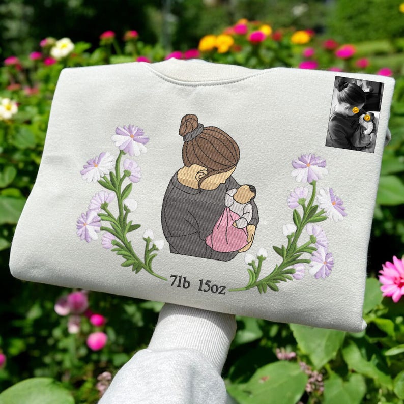 Mama Sweatshirt with Photo, Custom Embroidered Hoodie Mama and Kids Portrait