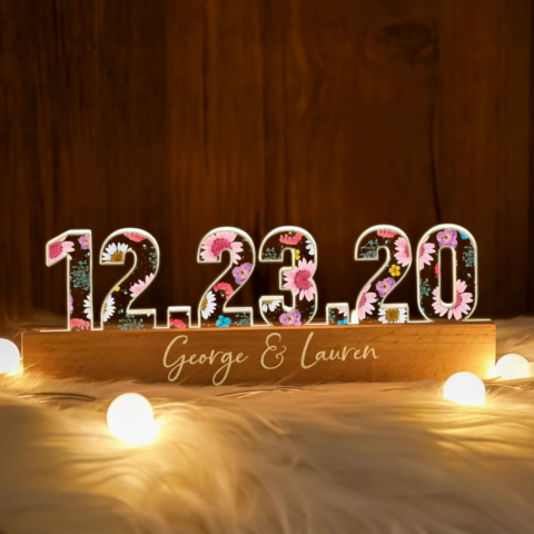 Couple Engagement Anniversary Date Flowers Personalized Custom LED Night Light, Gift for her, Gift for him