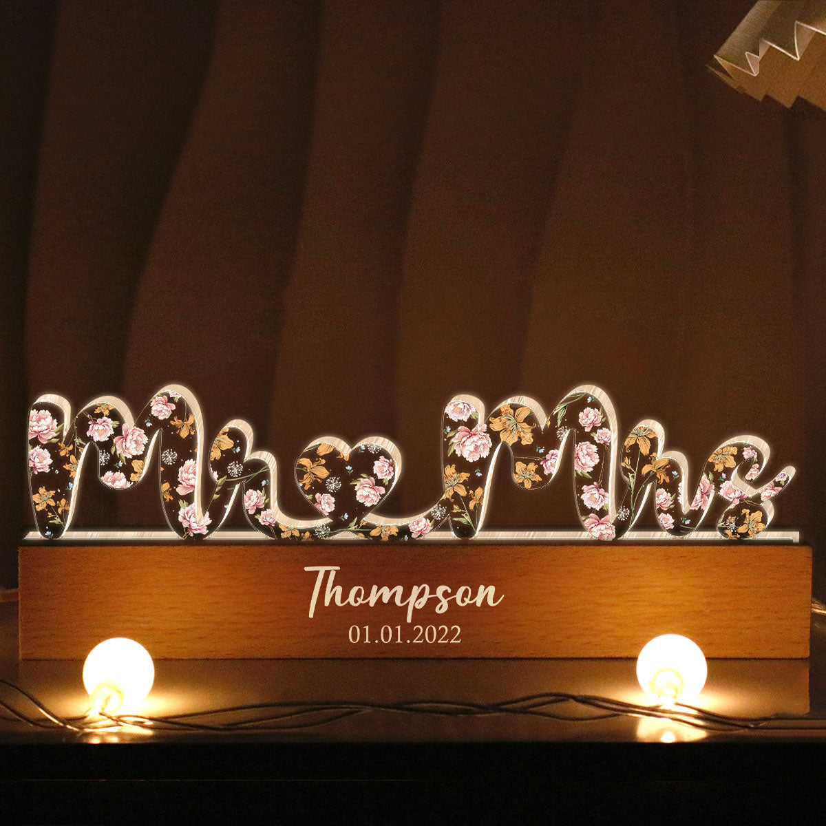 Mr & Mrs Wedding Anniversary Valentine's Day Gift for her & for him, Custom Flower Printed LED Night Light