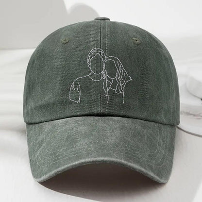 Line Art Portrait Embroidered with Roman Numerals Date on Dad Hat