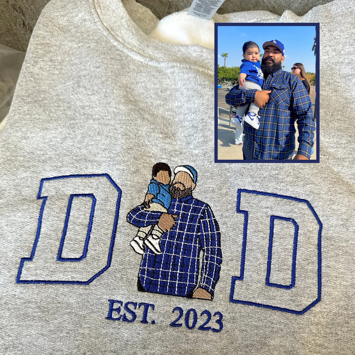 Custom Dada Portrait Embroidered Sweatshirt with Kids' Names on Sleeve – Father's Day Gift