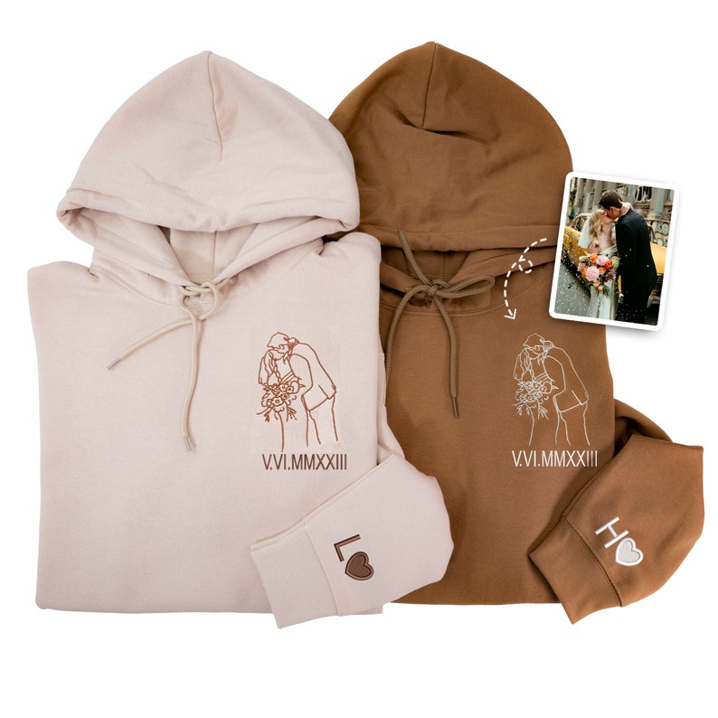 Personalized Outline Embroidered Portrait from Photo-Matching Couple Hoodie