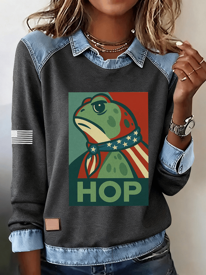 🔥Buy 3 Get 15% Off🔥Women's FDT Print Denim Panel Lapel Long Sleeve Sweatshirt