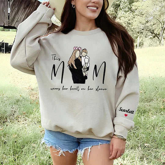 Mom Wears Her Heart On Her Sleeve Custom Photo Embroidered T-Shirt Crew Neck Hooded Sweatshirt