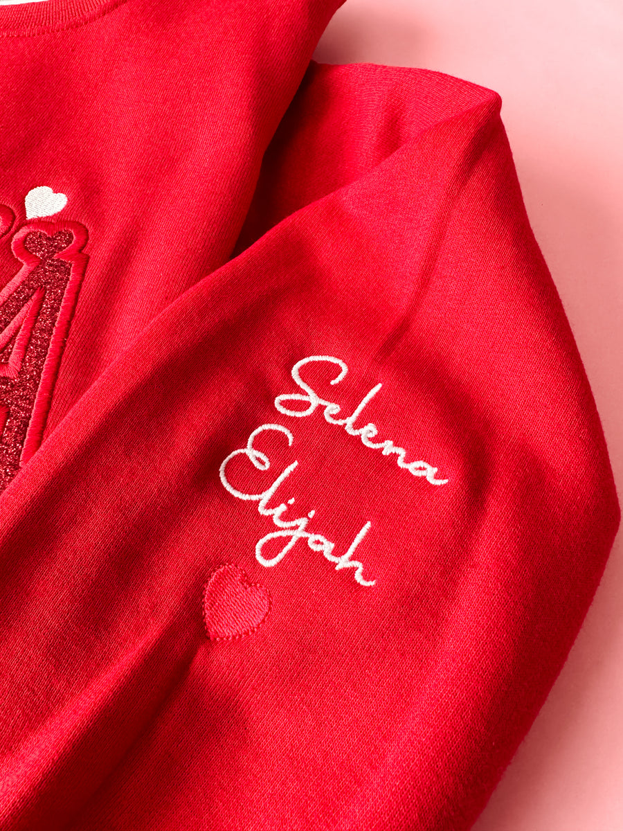 Embroidered Heart Mom Sweatshirt With Child's Name On The Sleeve