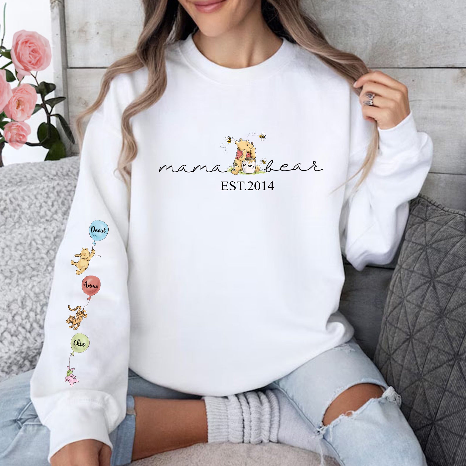Custom Mama Bear Sweatshirt, Mama Est with Kids Names on Sleeve Sweatshirt
