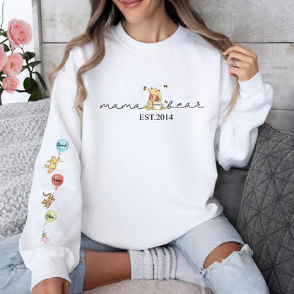 Custom Mama Bear Sweatshirt, Mama Est with Kids Names on Sleeve Sweatshirt