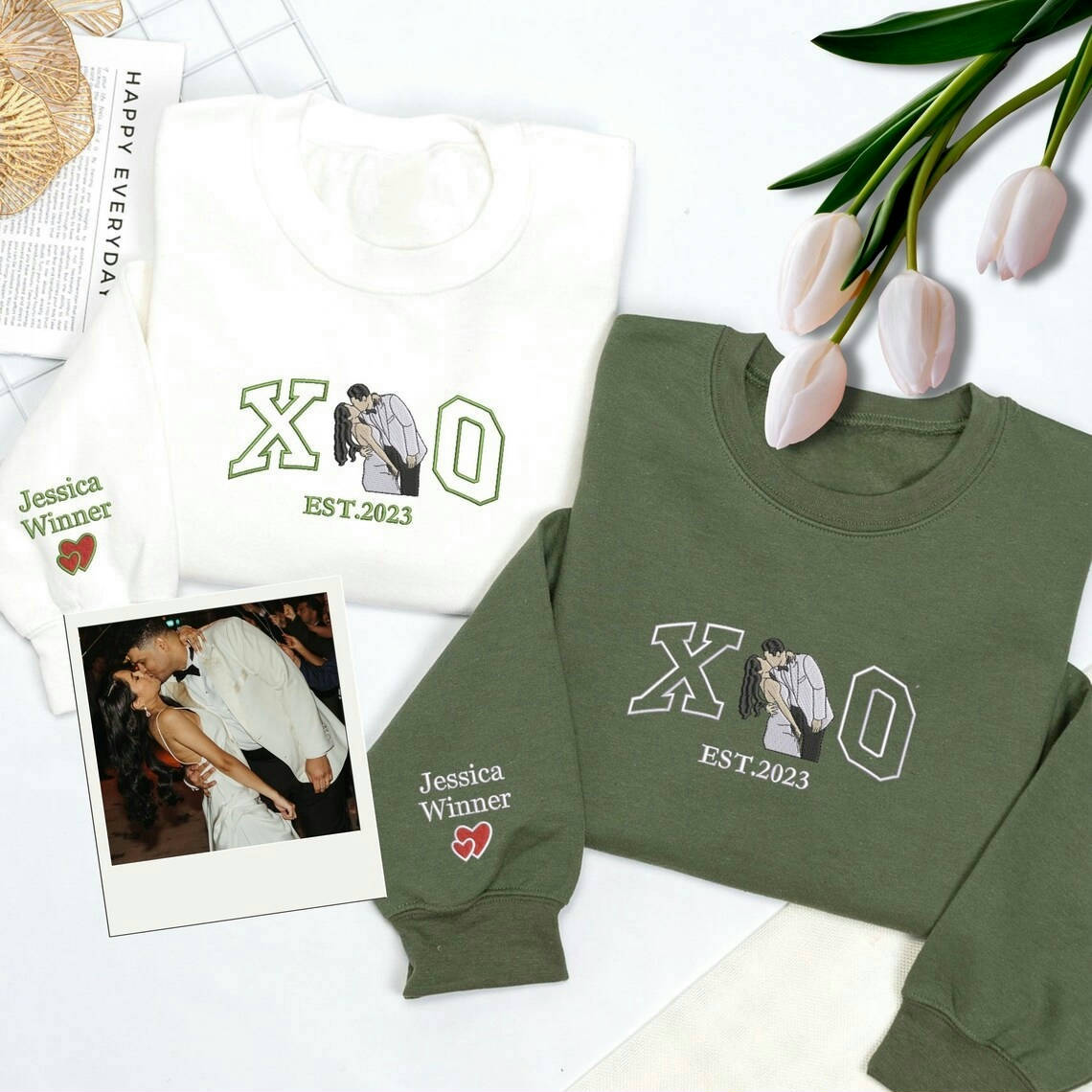 Loversdovey Customized Couples Hoodies | Embroidered Couple Portrait Matching Sweatshirt | Husband Wife Hoodies