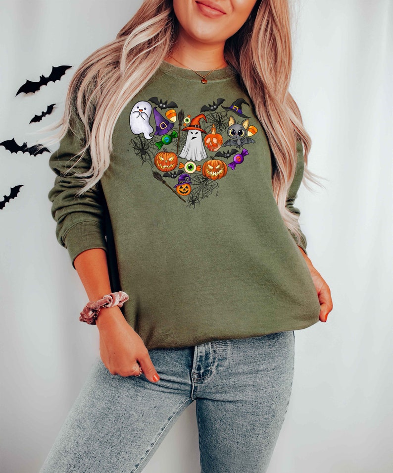 Custom Embroidered Halloween Doodles Happy Halloween Heart Sweatshirt | Halloween Gift