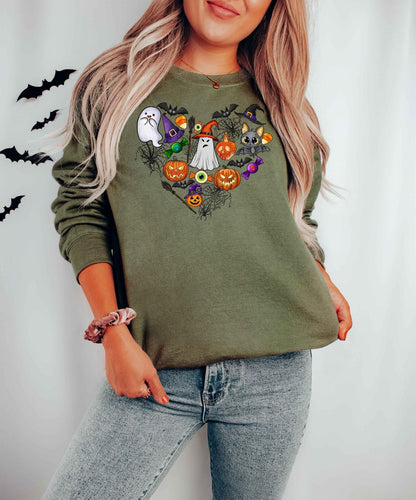 Custom Embroidered Halloween Doodles Happy Halloween Heart Sweatshirt | Halloween Gift