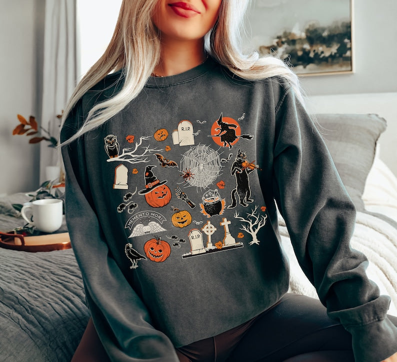 Custom Embroidered Halloween Spooky Season Womens Doodles Sweatshirt | Halloween Gift