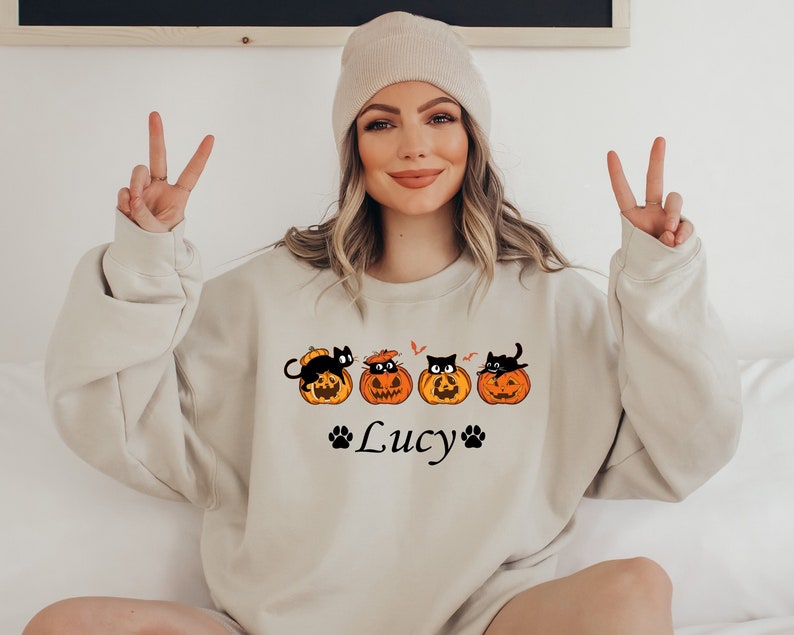 Custom Embroidered Halloween Black Cat And Pumpkin Sweatshirt | Halloween Gift