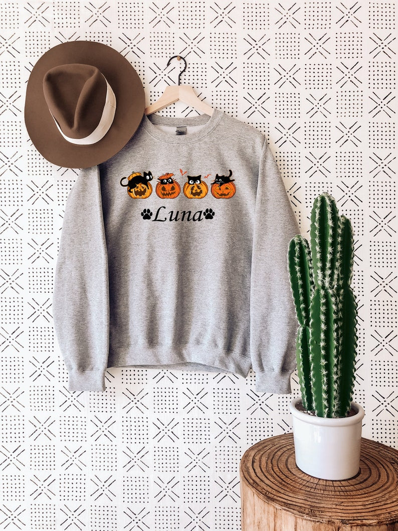 Custom Embroidered Halloween Black Cat And Pumpkin Sweatshirt | Halloween Gift
