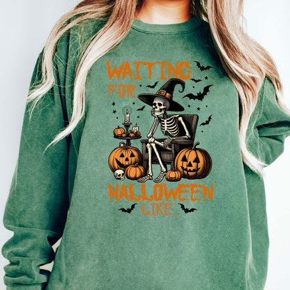 Custom Embroidered Halloween Just Waiting for Halloween Like Skeleton Sweatshirt | Halloween Gift