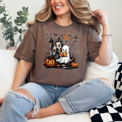 Custom Embroidered Halloween Ghost Book T-shirt | Halloween Sweatshirt