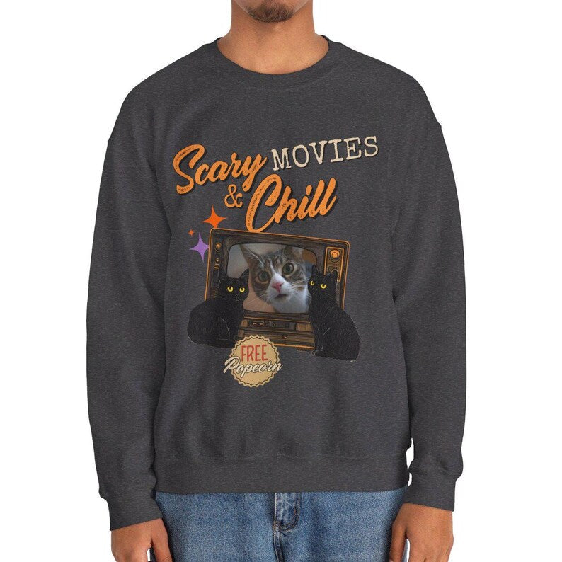 Custom Scary and Chill MOVIES Halloween Cat Sweatshirt
