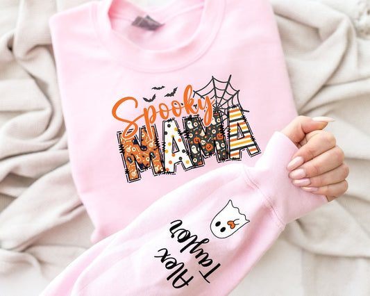 Custom Cool Personalized Halloween Spooky Mom Sweatshirt with Child's Name on Sleeve