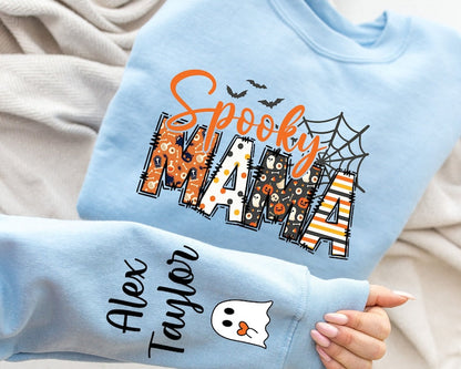 Custom Cool Personalized Halloween Spooky Mom Sweatshirt with Child's Name on Sleeve
