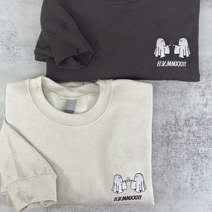 Custom Halloween Roman Numeral Couple Matching Embroidered Sweatshirt, Couples Halloween Gift
