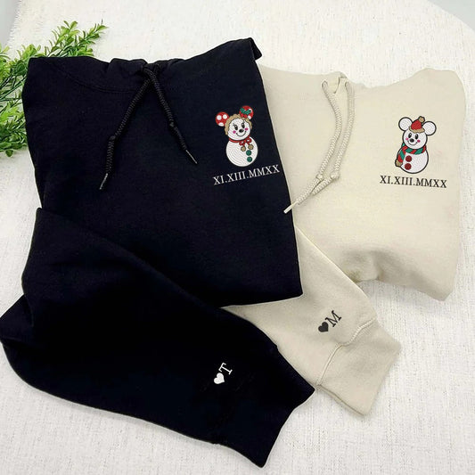 Custom Embroidered Roman Numeral Date Hoodies For Couples Snowman Christmas Couples Embroidered Hoodie